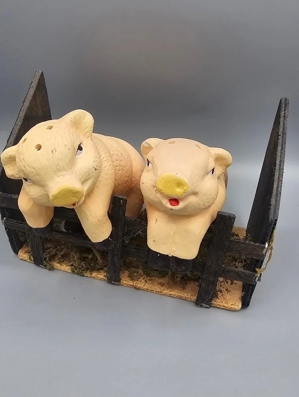 Vintage Ceramic Pig Salt and Pepper Shakers with Wooden Fence Holder